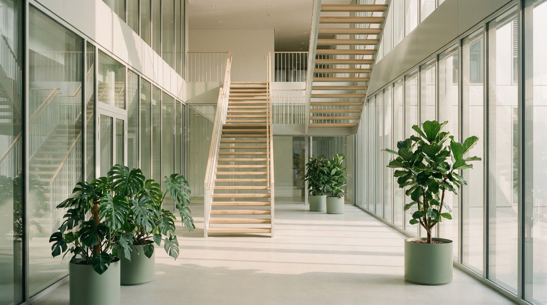 Helles Atrium mit offener Treppe und Pflanzen (Demo-Bild)